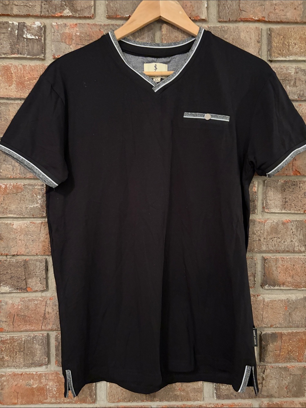 Black V-Neck Short Sleeve Men's Shirt with Contrast Trim